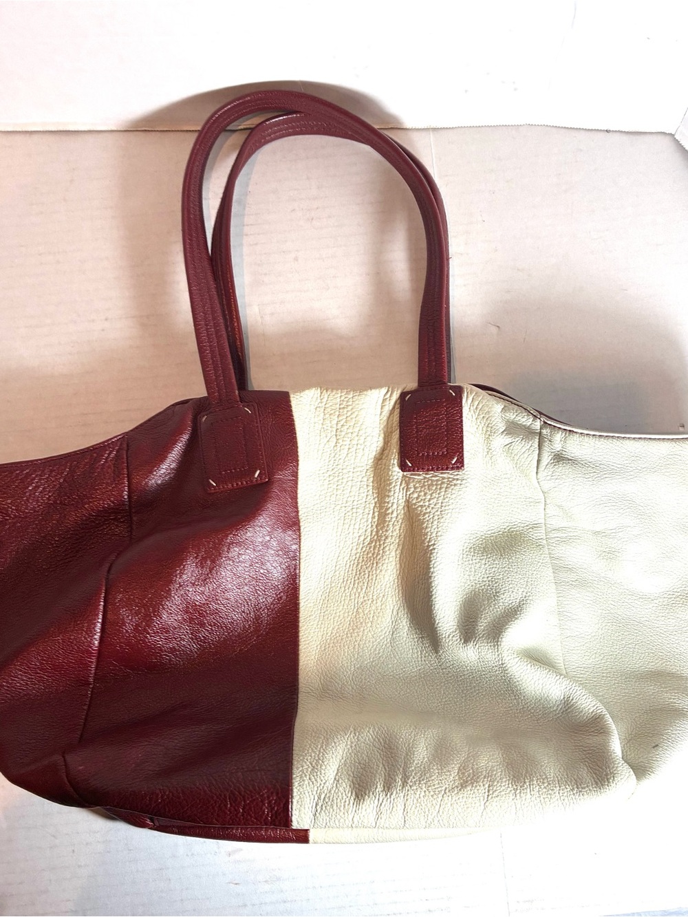 Splendid Large Colorblock Leather Tote Shoulder Bag Burgundy Cream Discontinued - Picture 15 of 15